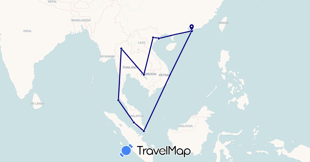 TravelMap itinerary: driving in China, Cambodia, Malaysia, Singapore, Thailand, Vietnam (Asia)